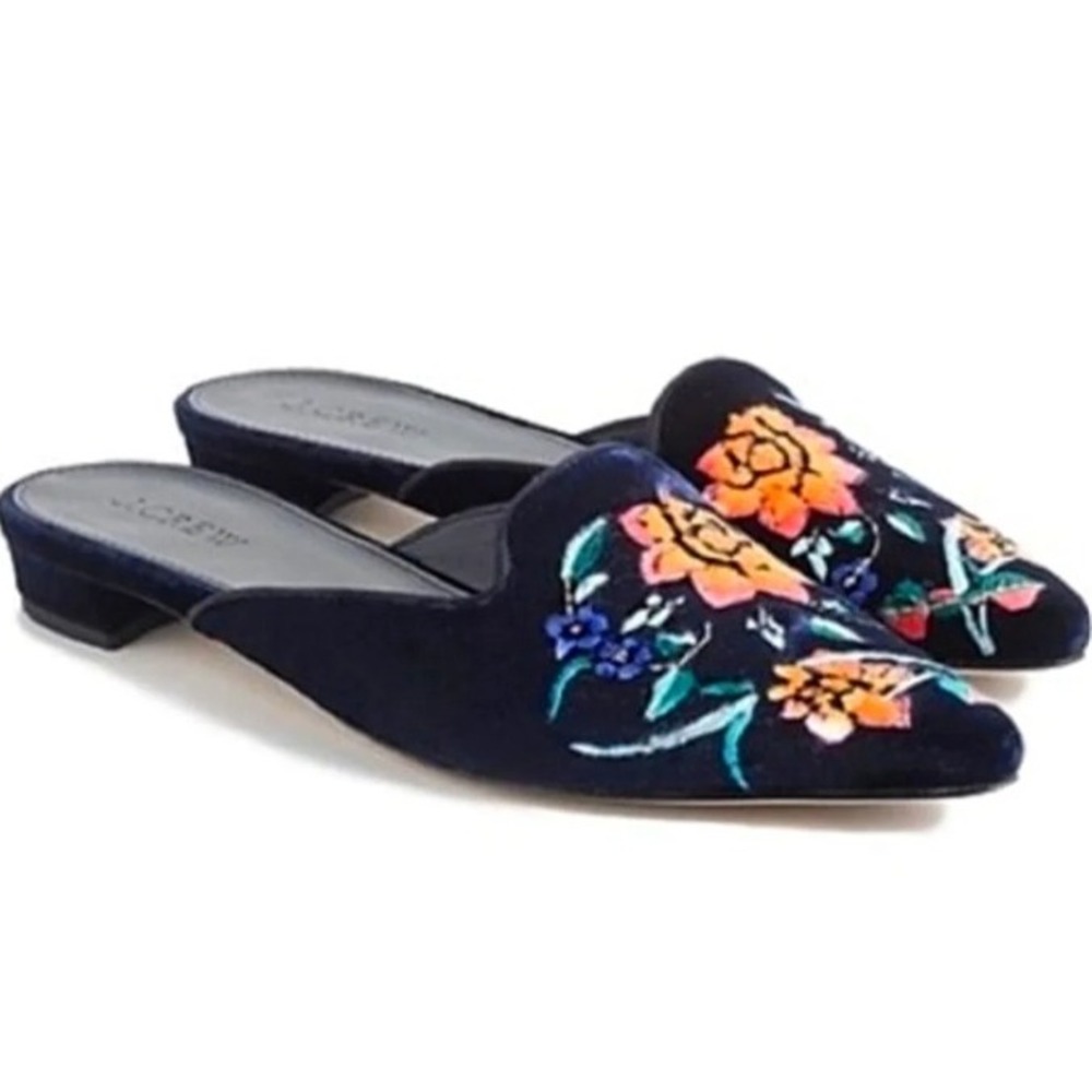 J. Crew Navy Blue Velvet Floral Embroidered Mules 10.5 Boho Fairy Whimsical